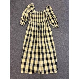 Asos Design Womens Black Green Check Puff Sleeve Pure Cotton Maxi Dress Size 12